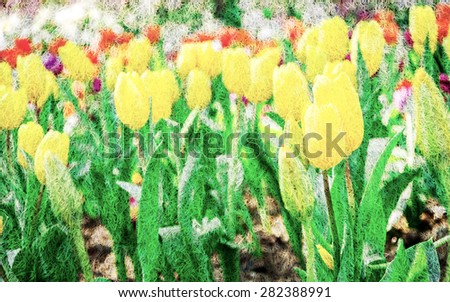 Tulips flowers in mulberry paper texture style vintage for background soft focus.