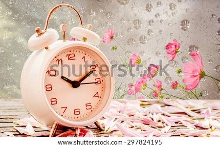 Alarm clock on wooden table with cosmos flower and water drop background soft focus.