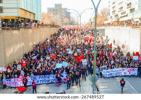 MONTREAL - APRIL 2: 130,000 students on strike in Quebec as massive protests fill the streets on Montreal on April 2, 2015.