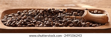 Closeup of coffee beans. Warm natural light. Selective focus