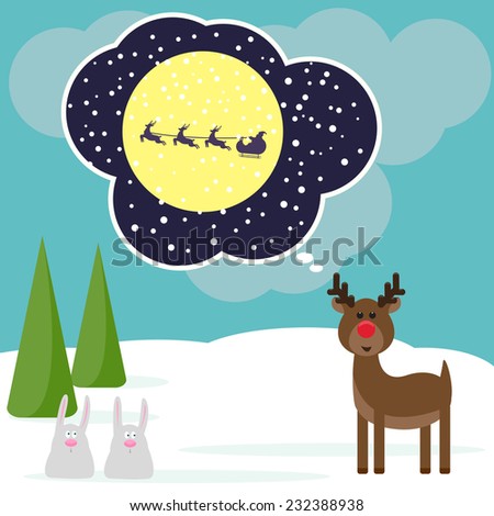 Winter christmas card with funny deer and rabbits