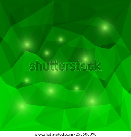 Abstract bright emerald green colored polygonal triangular geometric background with glaring lights for use in design for card, invitation, poster, banner, placard or billboard cover. Raster copy
