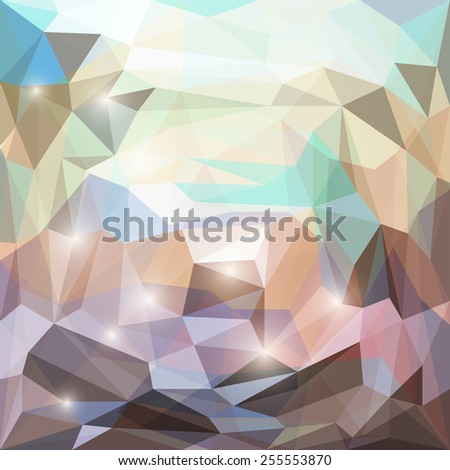 Abstract blended blue, purple and beige colored polygonal triangular geometric background with glaring lights for design for card, invitation, poster, banner, placard, billboard cover. Raster copy