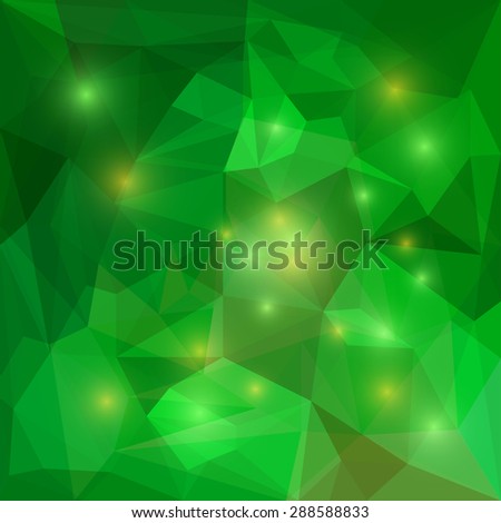 Abstract bright emerald green colored polygonal triangular geometric background with glaring lights for use in design for card, invitation, poster, banner, placard or billboard cover. Raster copy