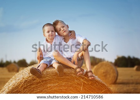 Two little brothers sitting on a haystack in wheat field on sunny summer day