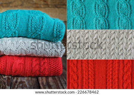 Stack of knitted sweaters on wooden background and Collage knitted wool texture