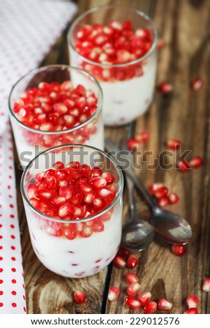 Delicious dessert  pannacotta with fresh pomegranate seeds in a glass jar, vertical