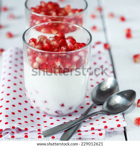 Delicious dessert  pannacotta with fresh pomegranate seeds in a glass jar on white background