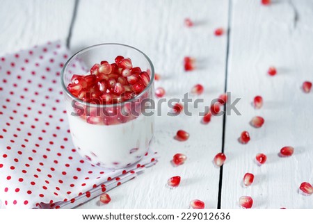 Jelly gelatin cream dessert or panna cotta with pomegranate seeds in glass  jar on white background