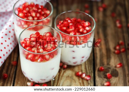closeup Delicious dessert with fresh pomegranate seeds in a glass