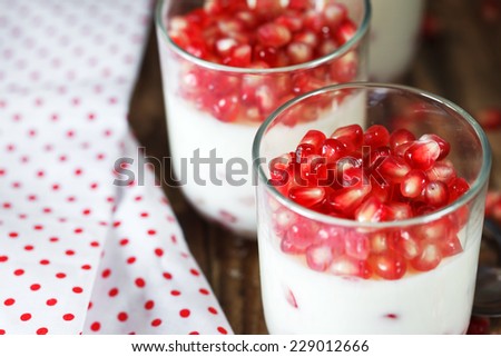closeup Delicious dessert with fresh pomegranate seeds in a glass jar