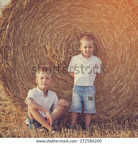 Two little brothers sitting near a haystack in wheat field on warm and sunny day, toned image