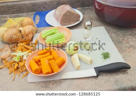 Ingredients for roast beef on kitchen counter.