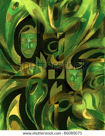 Warm green and gold decorative painting for your interior.Green art.