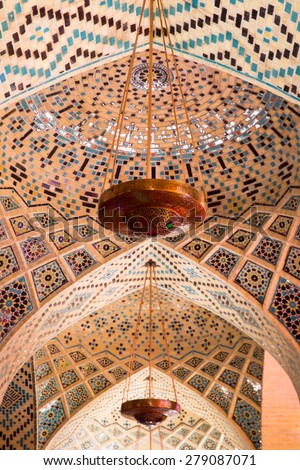 SHIRAZ, IRAN - APRIL 26, 2015: Nasir Al-Mulk Mosque in Shiraz, Iran, also named in popular culture as Pink Mosque. It was built in 1888 and is known in Persian as Masjed-e Naseer ol Molk.