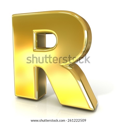 Golden font collection letter - R. 3D render illustration, isolated on white background.