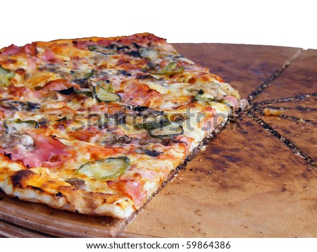 Pizza with meat and  yellow cheese - close up