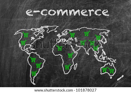E-commerce business written on a blackboard with world map sign