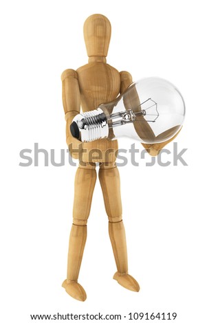 Wooden mannequin with light bulb on a white background