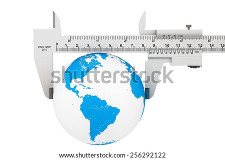 Metal Vernier Caliper with Earth Globe on a white background