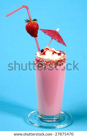 A milkshake strawberry with cream and drink straw