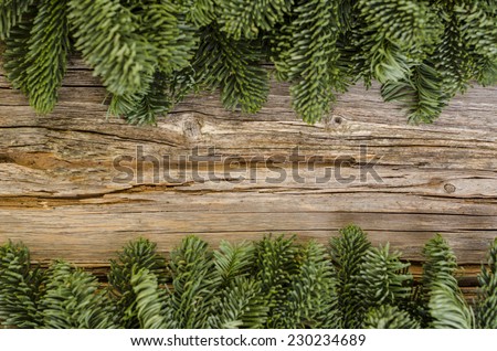 Wallpaper with fir branches on wooden background