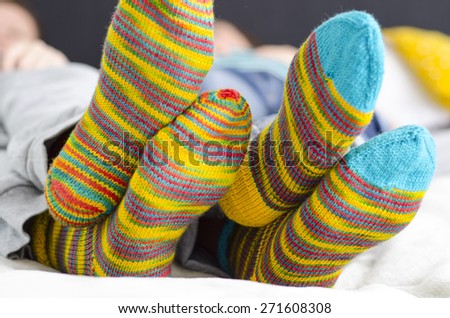 Relaxing with colorful socks, knitting