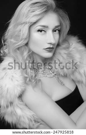 Winter Girl in Luxury Fur Coat. Fashion Fur. Black and White