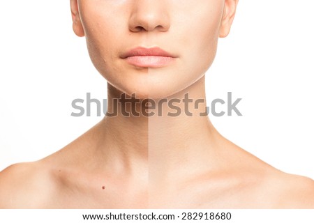 Woman\'s face, beauty concept before and after contrast, power of retouch