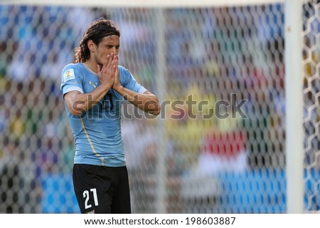 FORTALEZA, BRAZIL - June 14, 2014: Cavani of Uruguay after scoring a penalty goal during the 2014 World Cup Group D game between Uruguay and Costa Rica at Castelao Stadium. No Use in Brazil.