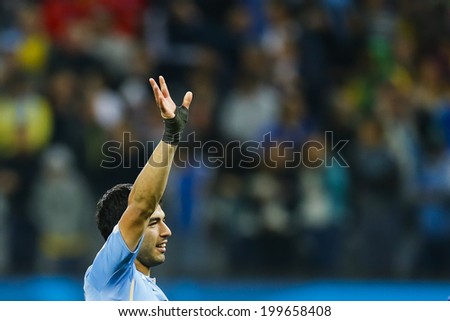 SAO PAULO, BRAZIL - June 19, 2014: Luis Suarez of Uruguay celebrates after scoring a goal during the 2014 World Cup Group D game between Uruguay and England at Arena Corinthians. No Use in Brazil.
