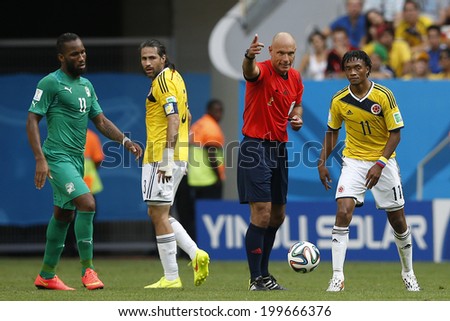 BRASILIA, BRAZIL - June 19, 2014: Colombia and Ivory Coast during the World Cup Group C game between Colombia and Ivory Coast at Estadio Nacional. No Use in Brazil.