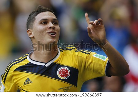 BRASILIA, BRAZIL - June 19, 2014: Quintero of Colombia celebrates after scoring a goal during the 2014 World Cup Group C game between Colombia and Ivory Coast at Estadio Nacional. No Use in Brazil.