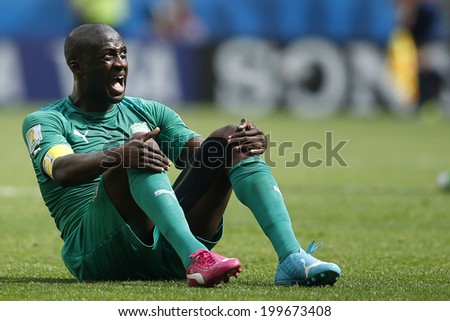 BRASILIA, BRAZIL - June 19, 2014: Yaya Toure of Ivory Coast during the World Cup game between Colombia and Ivory Coast at Estadio Nacional. No Use in Brazil