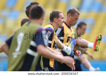 RIO DE JANEIRO, BRAZIL - JUNE 21, 2014: Players of Russia are seen during a training session at the Maracana Stadium. NO USE IN BRAZIL.