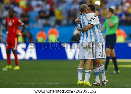 SAO PAULO, BRAZIL - July 1, 2014: Angel Di Maria of Argentina celebrates after scoring the winning goal against Switzerland during the Round of 16 game at Arena Corinthians. No Use in Brazil
