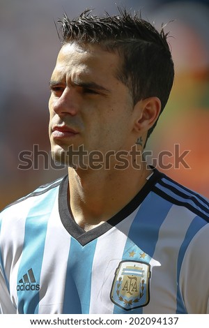 SAO PAULO, BRAZIL - July 1, 2014: Fernando Gago during Argentina National Anthem at the 2014 World Cup Round of 16 game between Argentina and Switzerland at Arena Corinthians. No Use in Brazil.