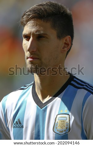 SAO PAULO, BRAZIL - July 1, 2014: Federico Fernandez during Argentina National Anthem at the 2014 World Cup Round of 16 game between Argentina and Switzerland at Arena Corinthians. No Use in Brazil.