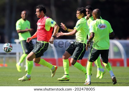 RIO DE JANEIRO, BRAZIL - July 2, 2014: The Brazil national football team practicing at Granja Comary training camp in Teresopolis, RJ. NO USE IN BRAZIL.