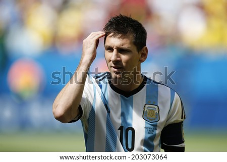 BRASILIA, BRAZIL - JULY 05, 2014: Messi of Argentina during the World Cup Quarter-finals game between Argentina and Belgium in the Estadio Nacional. NO USE IN BRAZIL.