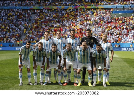 BRASILIA, BRAZIL - JULY 05, 2014: Players of Argentina pose for a photo before the World Cup Quarter-finals game between Argentina and Belgium in the Estadio Nacional. NO USE IN BRAZIL.