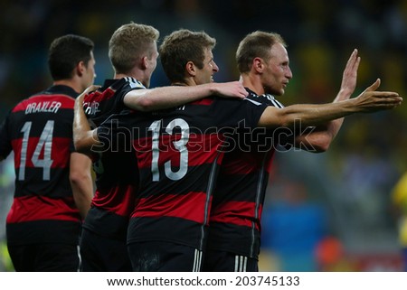 BELO HORIZONTE, BRAZIL - July 8, 2014: Germany team celebrates after defeating Brazil 7x1 during the 2014 World Cup Semi-finals game at Mineirao Stadium. NO USE IN BRAZIL.