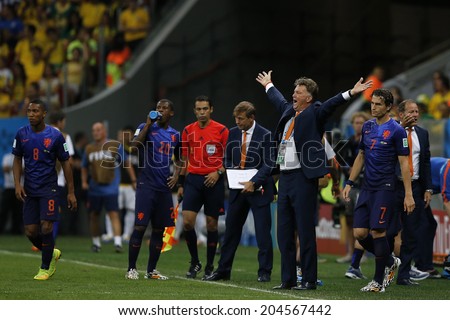 BRASILIA, BRAZIL - JULY 12, 2014: Van Gaal coach of Netherlands during the World Cup Third place game between Brazil and the Netherlands in the Estadio Nacional. NO USE IN BRAZIL.