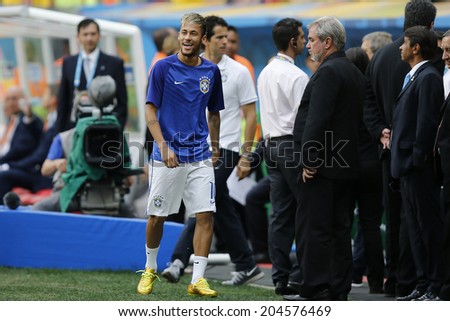 BRASILIA, BRAZIL - JULY 12, 2014: Neymar of Brazil during the World Cup Third place game between Brazil and the Netherlands in the Estadio Nacional. NO USE IN BRAZIL.