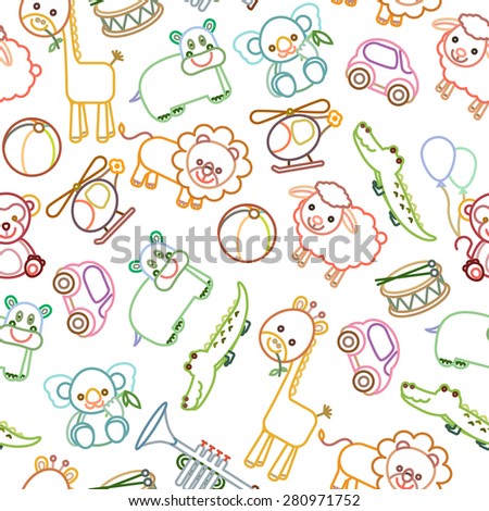 Animals and toys baby pattern on white background