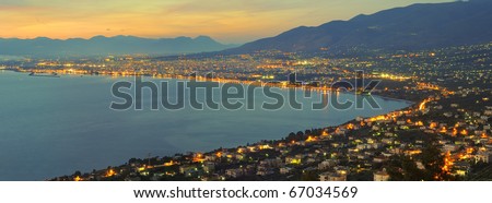 Panorama of the city of Kalamata, in southern Greece, Messinia, photographed right after sunset