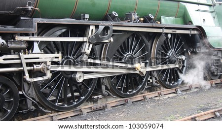 The Heavy Metal Wheels of a Steam Train Locomotive.