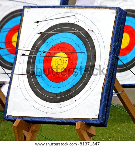 A Round Archery Target with Arrows in it.