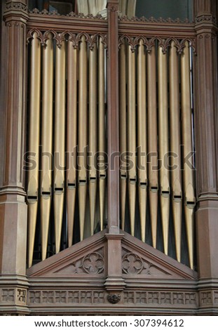 The Metal Pipes of a Church Music Organ.