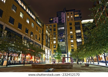 BIRMINGHAM, WEST MIDLANDS/UNITED KINGDOM-AUGUST 2014: Brindley Place Buildings at Night, 28 SEP 2014. Brindleyplace is a large mixed-use canal side development, in the Westside district of Birmingham.